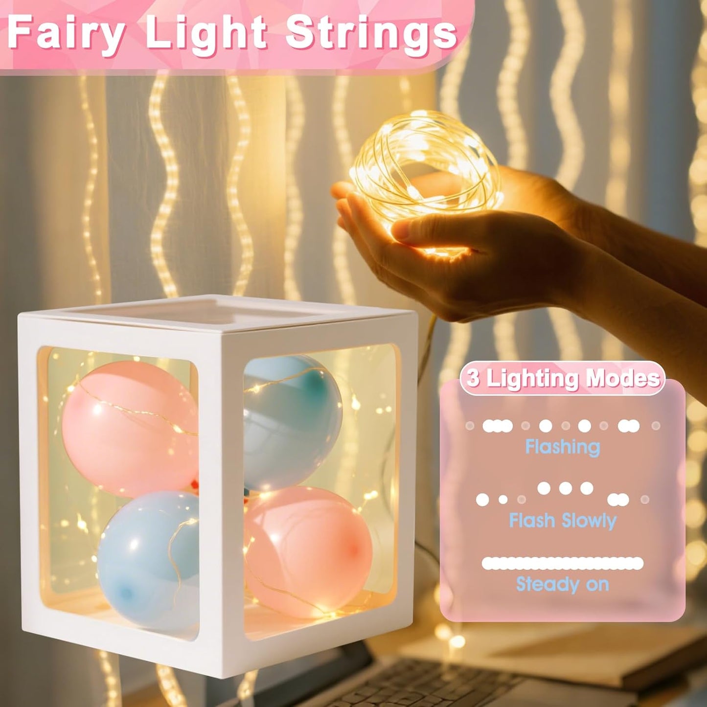 Ledido Transparent Balloon Boxes, Clear Balloon Boxes with 5 Pcs String Lights and 78 Letters for Baby Shower Gender Reveal Grad Birthday Party Anniversary Bridal Wedding Decor - 5 White Boxes