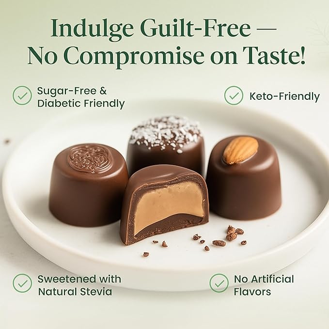 Andy Anand Chocolatier Sugar Free Belgian Chocolate Truffles Gift Box - Gluten Free European Imported Chocolate Truffles, Handcrafted Diabetic Snacks for Adults (48 Pcs)