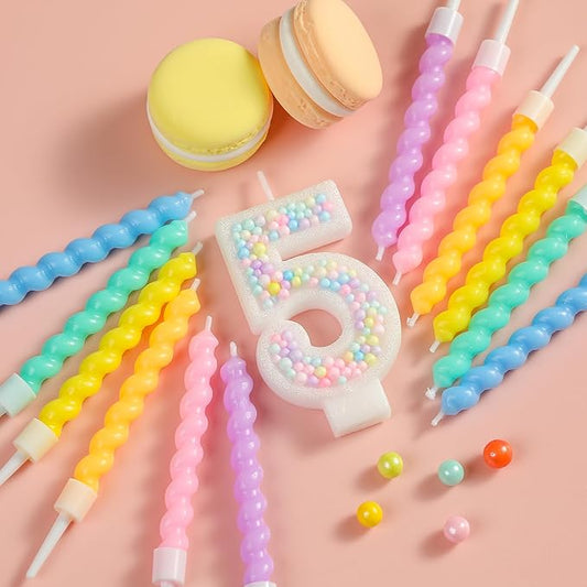 PHD CAKE Number 5 Birthday Candle Macaron Glitter Number Candle with Rainbow Spiral Candles in Holders for Cake Topper, Pastel Sweet Theme Party Decoration