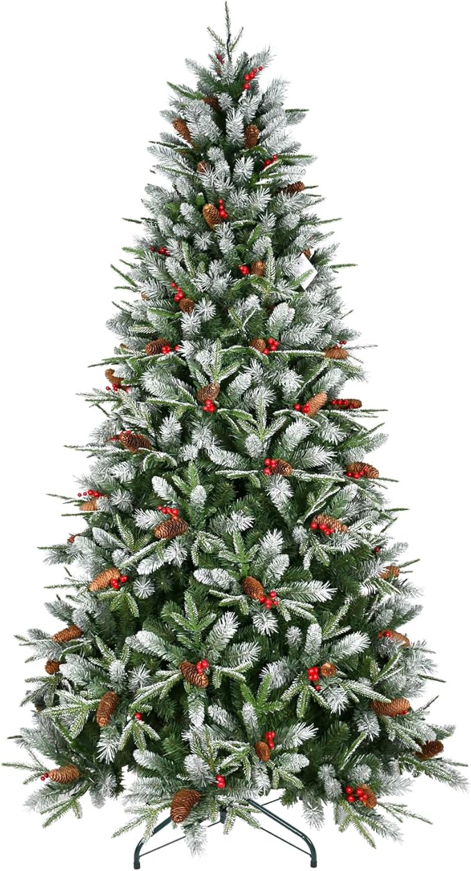 6FT Frosted Artificial Christmas Tree with 1593 PE+PVC Branch Tips, Realistic Unlit Christmas Tree with Red Berry and Pine Cone, Memory Wire Hinged Full Xmas Tree with Metal Base for Party, Holiday