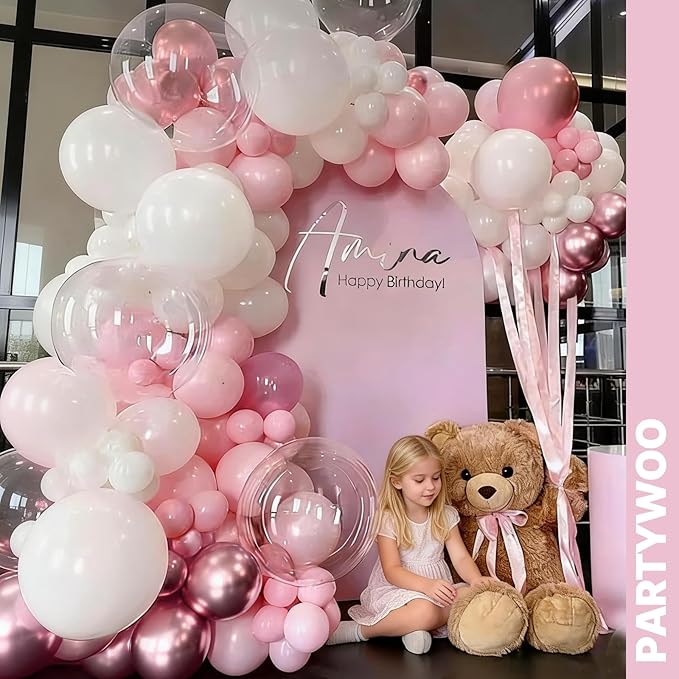 PartyWoo Pink and White Balloons 65pcs 12 Inch Light Pastel Baby Metallic Pearl Pink Matte White Confetti Balloons for Gender Reveal Wedding Bridal Girl Baby Shower Princess Birthday Party Decorations