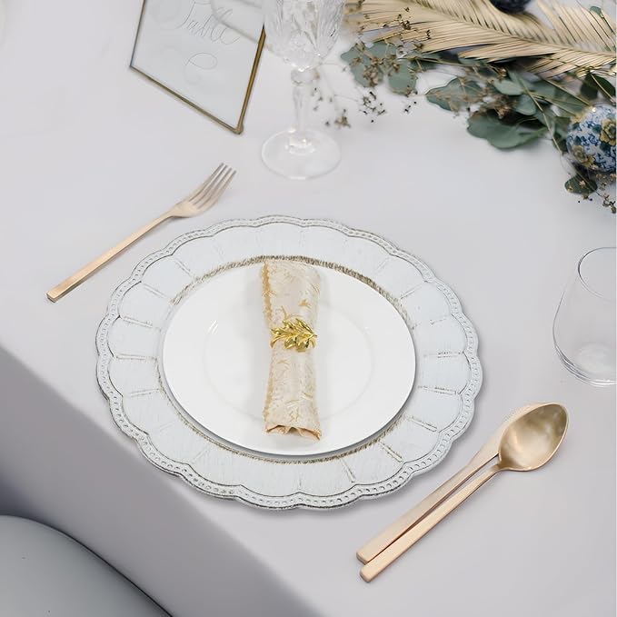 MAONAME Antique White Plate Chargers, 13" Round with Beaded Rim, Dinner Plates, Plastic for Party, Wedding