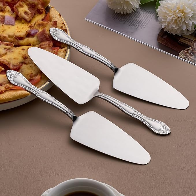Deeny Jarte 9.3-Inch Silver Cake Server Set - 3-Piece Stainless Steel Dessert Serving Utensils with Stylish Rose Handle – for Weddings, Parties, Birthday Celebrations & Gatherings