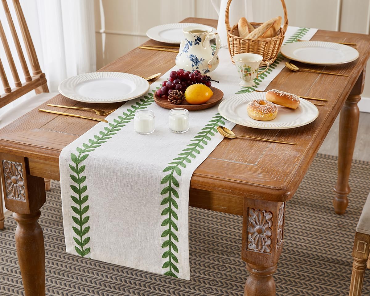 Wracra Embroidered Table Runner Irregular Willow Leaf Table Runners 72 Inches Long for Dresser Home Dining Table Decor,14 x 72 Inch, Green