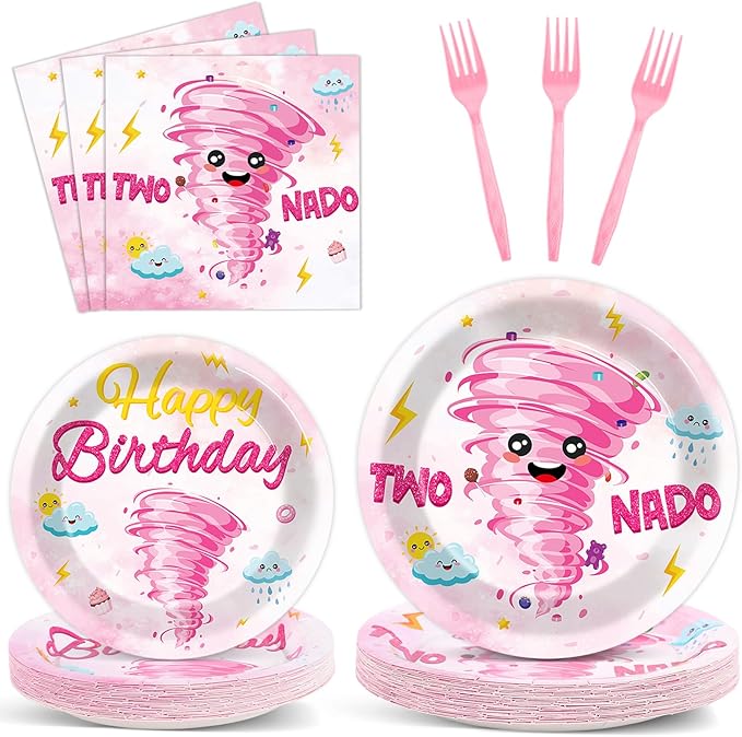 96Pcs Two Nado Party Supplies Pink Two Nad Disposable Paper Plates Napkins 2nd Birthday Decorations Girls 2 Year Old Birthday Dinnerware Party Favor Baby Tableware Serves 24