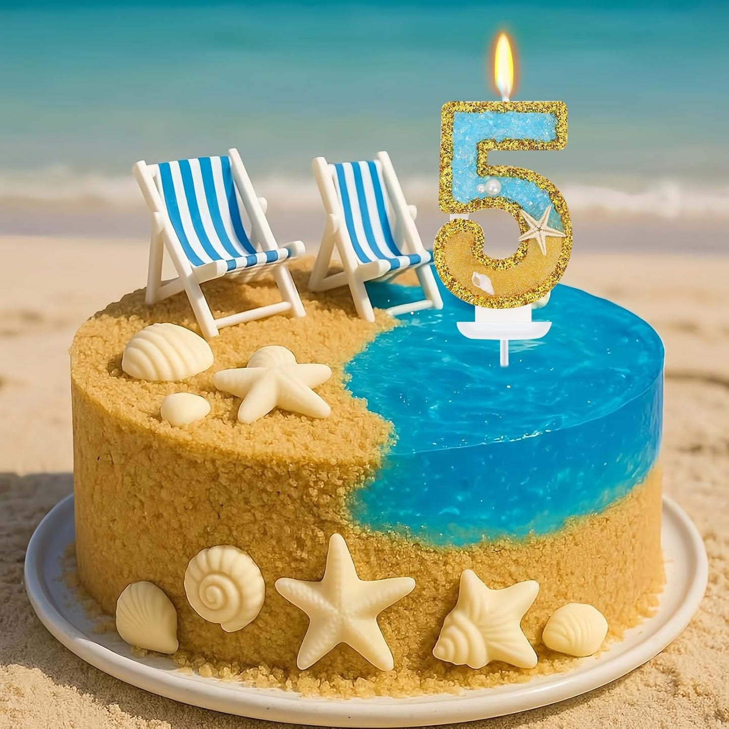 Ocean Number 5 Candle, Glitter Gold Beach Starfish Cake Topper, Tropical Ocean Princess Birthday Decorations for Party Supplies Wedding Anniversaries