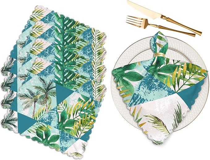 Yibeas Geometric Shapes Palm Trees Cloth Napkins Set of 4 Soft Watercolor Tropical Leaves Hexagon and Triangle Washable and Reusable Dinner Napkins for Weddings Parties 18 x 18 inch
