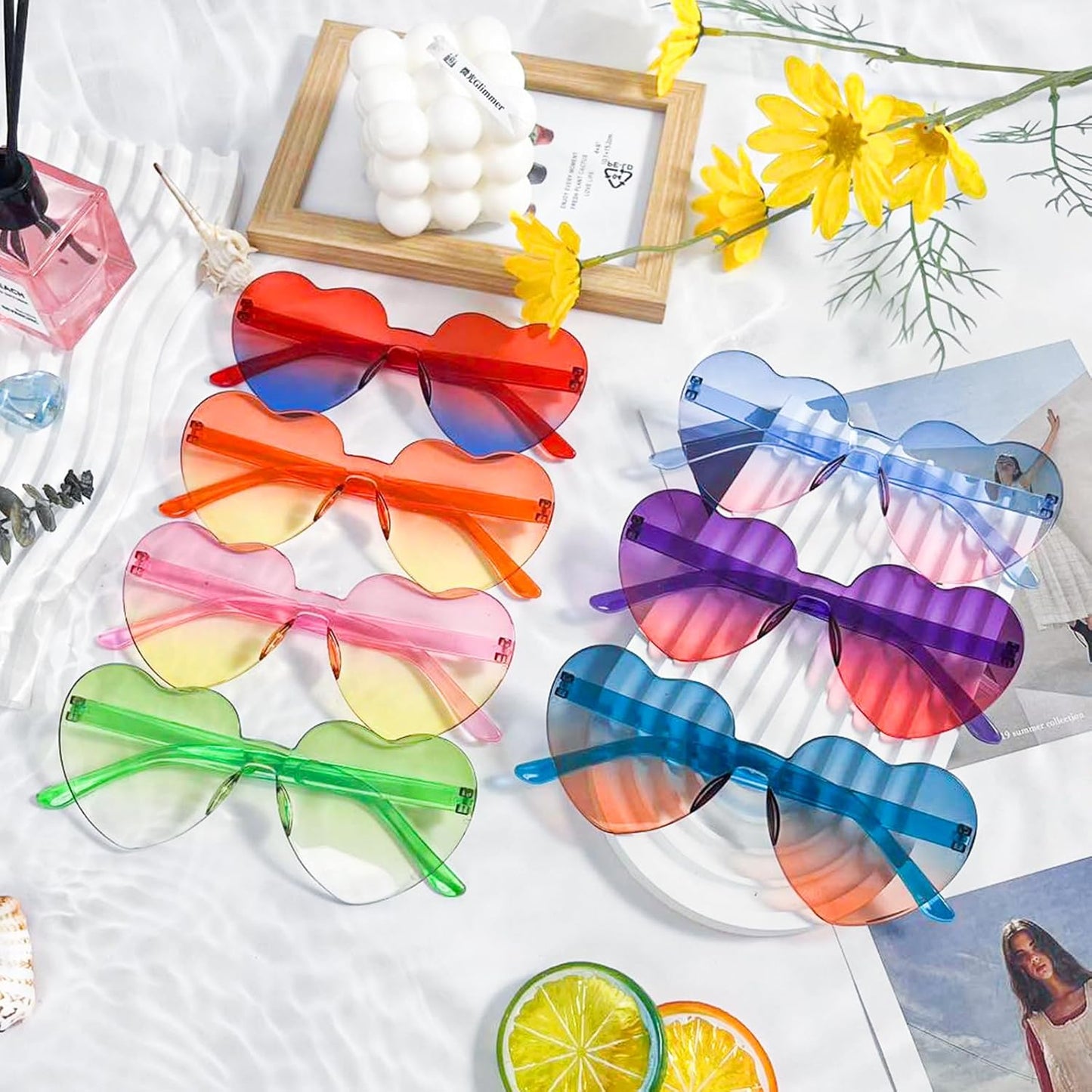 18 Heart Shape Rimless Sunglasses Transparent Candy Color Party Glasses Colored Eyewear for Women