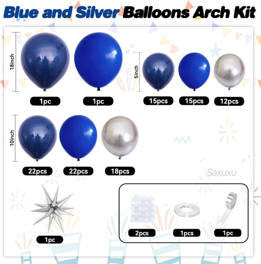 Blue And Silver Balloon Arch Kit, Blue Silver Balloons Garland Arch Kit With Star Foil Balloon, Dark Navy Balloons For Boy Men Birthday Party Wedding Anniversary Graduation Baby Shower