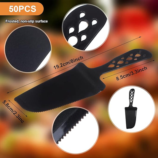 50 PCS Disposable Plastic Cake Cutter and Server 8x2.3 In Black Cake Plastic Server Cutter Plastic Cake Server Cutting for Pie Tart Cake Pizza Pastry Baking Cutter Holder Transfer for Kitchen Wedding