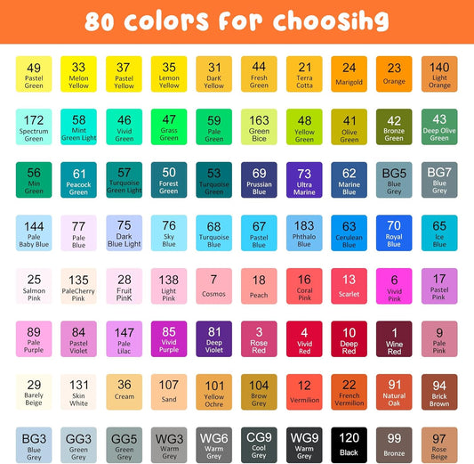 WOEden Alcohol Markers, 80 Colors Dual Tip Brush & Chisel Art Markers, Permanent Alcohol-Based Pens for Adult & Kids Coloring, Drawing, Sketching, Card Making