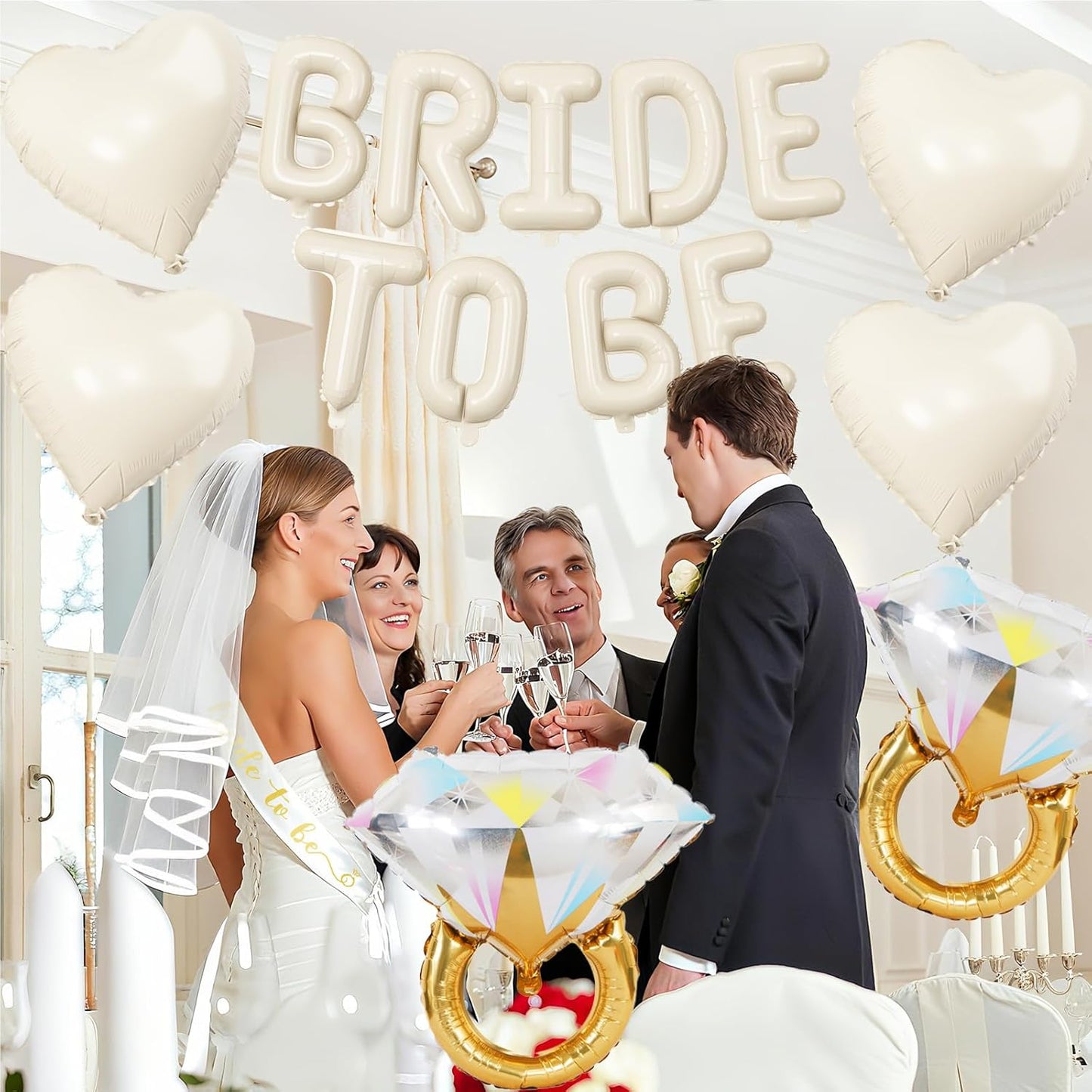 Sand White Bachelorette Party Decorations, Cream White Bride To Be Banner Heart Balloons with Diamond Ring Foil Balloon, Bride To Be Sash&Veil for Bachelorette Engagement Bridal Shower Party Supplies