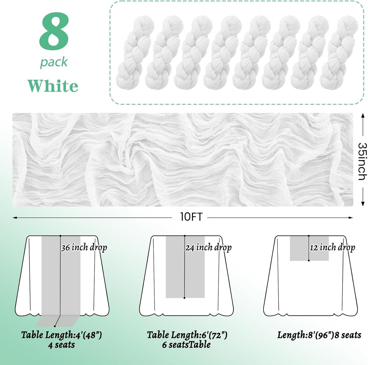 8Pack White Table Runner 10FT Cheesecloth Table Runner 35x120Inch Long Boho Cheese Cloth Table Runners Rustic Gauze Table Runners for Party Wedding Bridal Shower Baby Shower Decorations