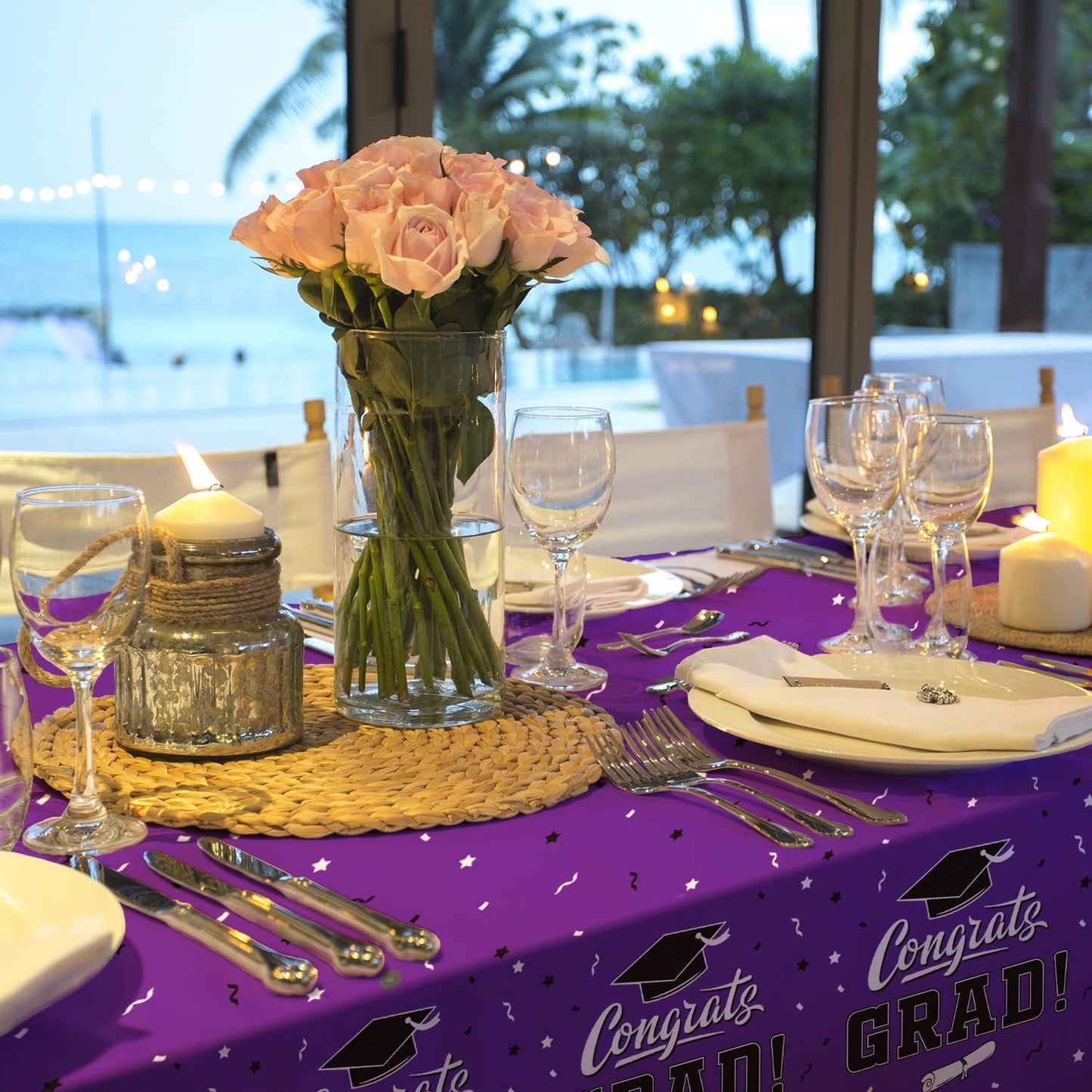 Graduation Party Decorations, Gongrats Grad Tablecover for Graduation Party Supplies, 3 pcs Purple Table Cloths, 54"x108"