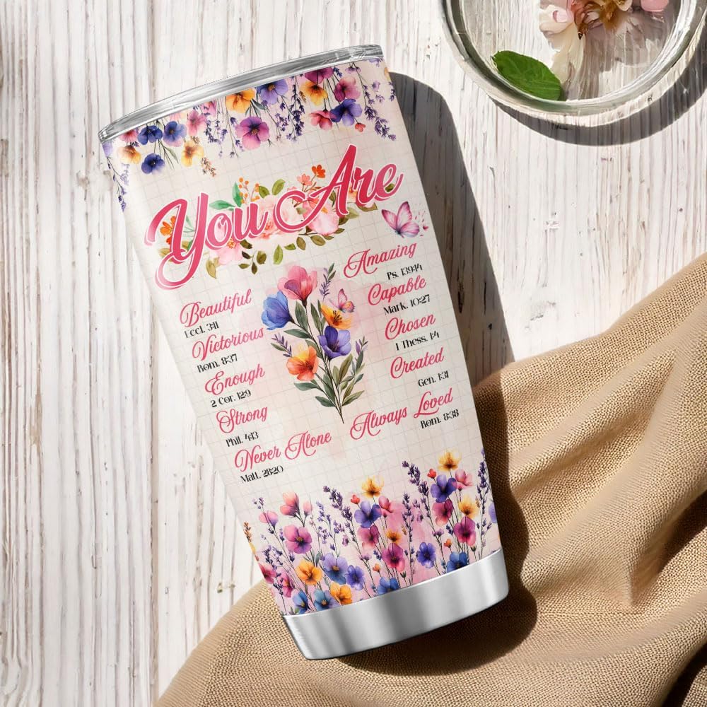 Christian Floral Scripture Gift for Women, Inspirational Bible Verse Stainless Steel Tumbler, 20oz Insulated Travel Mug for Mom, Wife, Friend, Faith-Based Encouragement Present