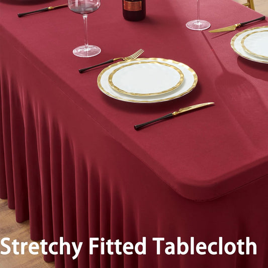 2 Pack Burgundy Spandex Table Clothes for 8 Foot Rectangle Tables, Wrinkle Free Fitted Table Cover 8ft Maroon Stretch Tablecloths with Skirt for Parties Weddings Birthday Banquet Baby Shower