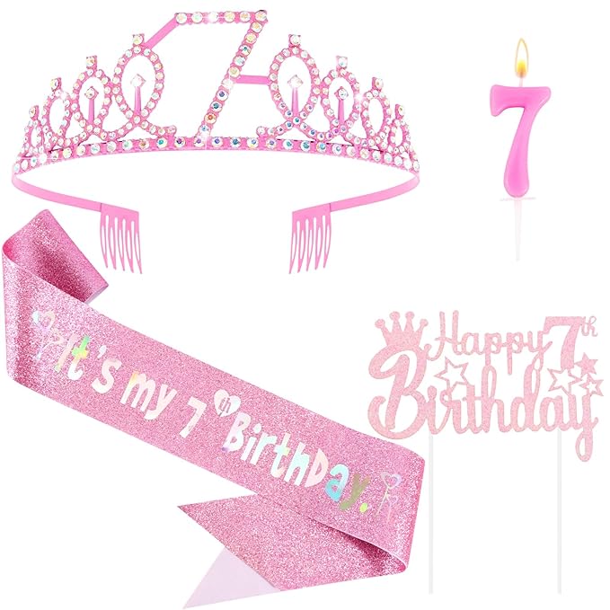 7th Birthday Celebration Set - Pink Crown, Glitter Sash, Number 7 Candle & Cake Topper | Party Decorations Kit