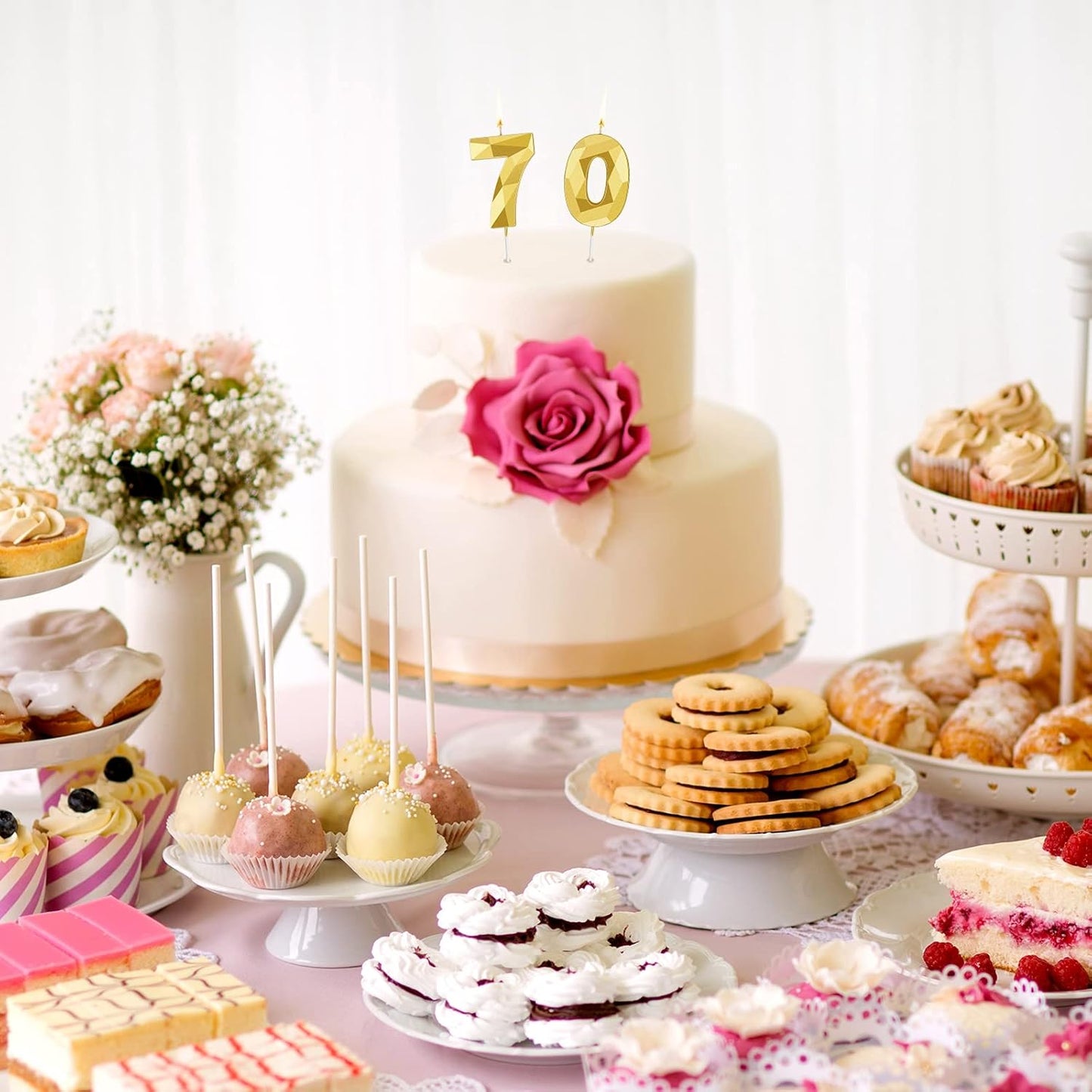 Nuanchu 70th Birthday Candles, Happy Birthday Cake Topper 3D Diamond Shape Numeral Sparkler Number Candles for Men Women Party Wedding Decoration Theme Party (Gold)