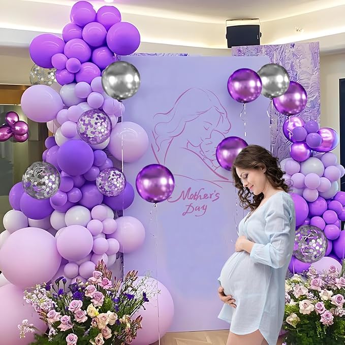 MEBAY Purple Silver Balloon Arch Kit, 147PCS Pastel Purple Matte Lavender Violet Metallic Lilac Silver Confetti Balloons Garland for Baby Girl Princess Party Birthday