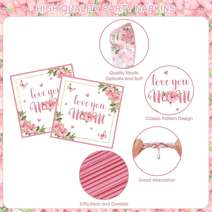 81 Pcs Happy Mothers Day Decorations Set, Includes Happy Mothers Day Dinner Paper Plates, Love You Mon Dessert Plates Napkins, Pink Tablecloth and Cups for Mother Days Party Supplies, Serves 20