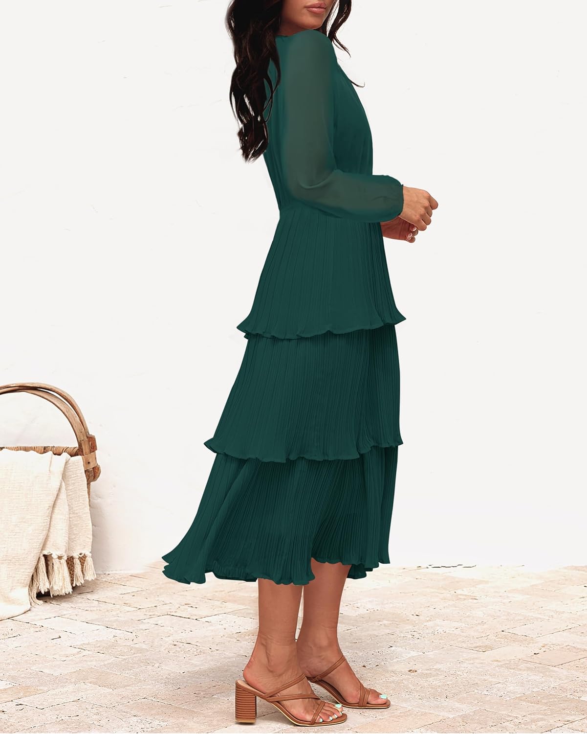 ZESICA Women's 2025 Long Sleeve Crew Neck Ruffle Tiered Layered Chiffon Flowy Swing Long Midi Dress