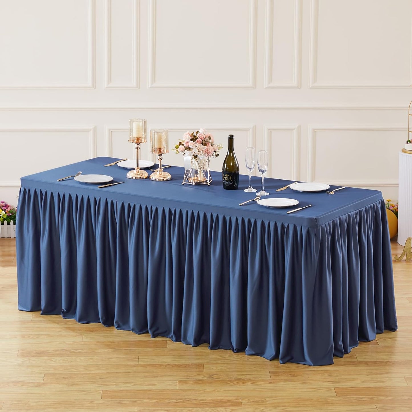 Navy Blue Polyester Table Clothes for 8 Foot Rectangle Tables, Wrinkle Free Fitted Table Cover with Pleated Ruffle Table Skirt for Birthday Party Wedding Trade Show Event Display