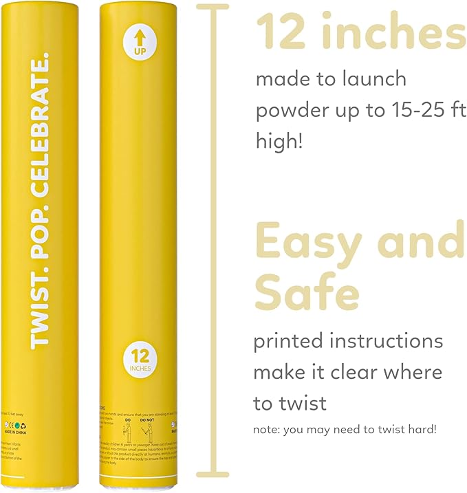 Yellow Powder Cannons Smoke Bombs Biodegradable Poppers | 2 Pack | Launch 25 ft Far | 12 inch | Decorations For Photoshoots, Gender Reveal, Celebrations, Festivals, and Parties | TUR Party Supplies