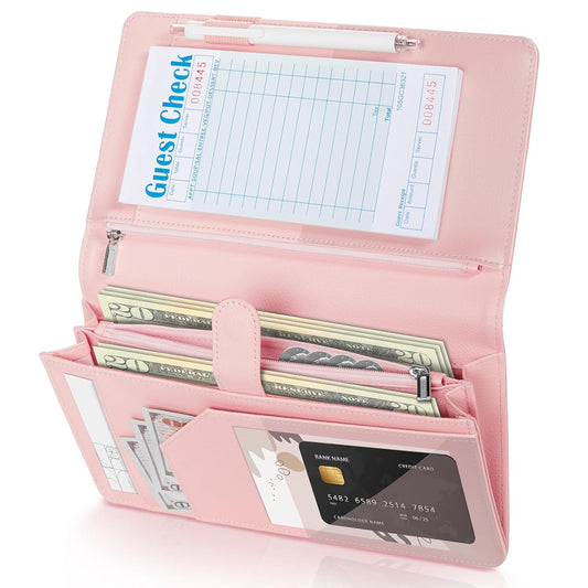Server Book High Volume, Expandable Server Book,5"×9", Waitress Waiter Book, Leather Waitress Book with 2 Zipper Pockets and Magnetic Pocket, Server Books Server Booklet Fit Server Apron, Sakura Pink