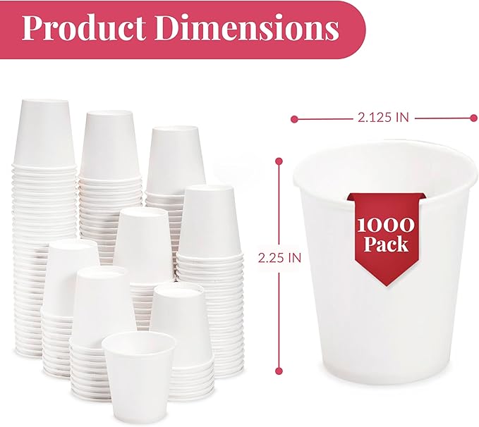 Prestee 1000 Pack 3oz Small Paper Cups - Disposable Paper Cups, Paper Coffee Cups for Espresso Hot Cups, Disposable Mini Bathroom Cups, Disposable Mouthwash Cups - Holiday and Christmas Party Supplies
