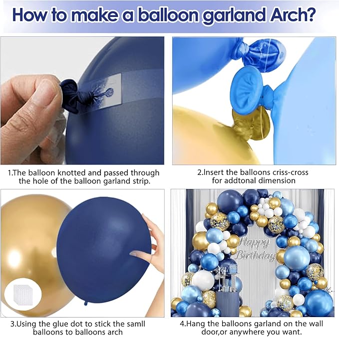 Navy Blue and Gold Balloons Arch Kit, Blue and White Balloon Arch Kit with Metallic Dark Light Blue Gold Conftti Balloons Garland for Graduation Birthday Party DIY Decoration