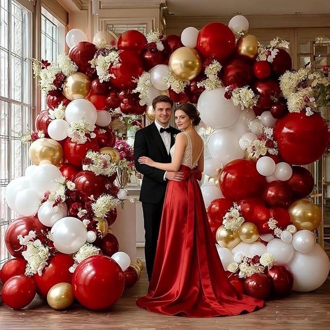 Red White Gold Balloon Arch Double Stuffed Burgundy Red Gold Pearl White Balloon Garland Kit Wine Latex Balloons for Moster's Day Birthday Wedding Engagement Graudation Party Decorations