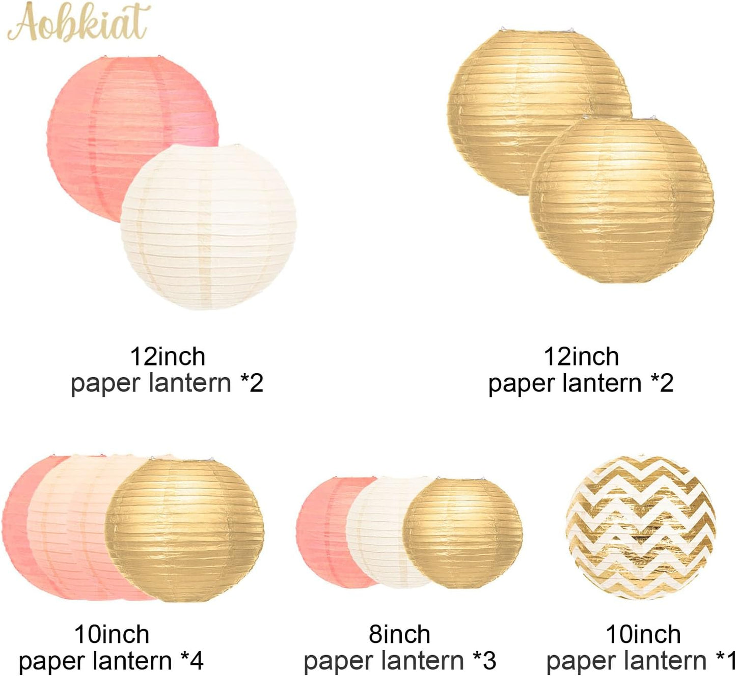 AOBKIAT Pink Birthday Party Decorations for Women Girls,12 Pcs Gold Hanging Paper Lantern for Wedding Engagement Bridal Baby Shower Bachelorette Party Supplies