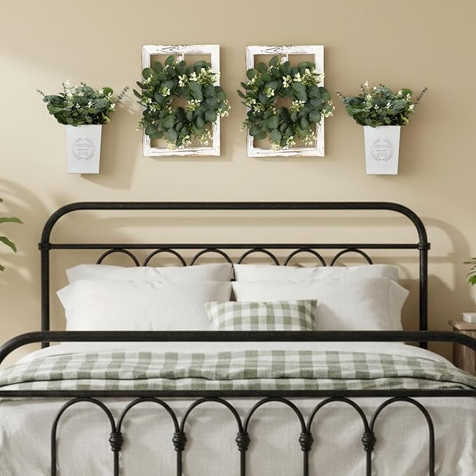 4 Sets 67 Pcs Farmhouse Wall Decor Set Rustic Window Frame Wall Decor with Eucalyptus Wreath and Metal Walls Planters Vintage Farmhouse Walls Art for Living Room Entryway(Square)