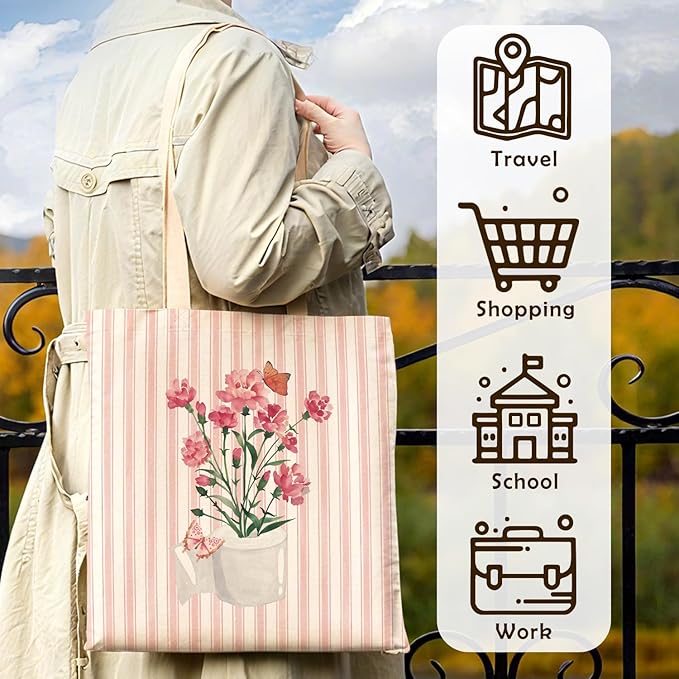 Pink Preppy Floral Aesthetic Tote Bag for Women,Printed Canvas Tote Bag for Girls,Pink Striped Watercolour Aesthetic Reusable Shopping Grocery Bags Party Favors