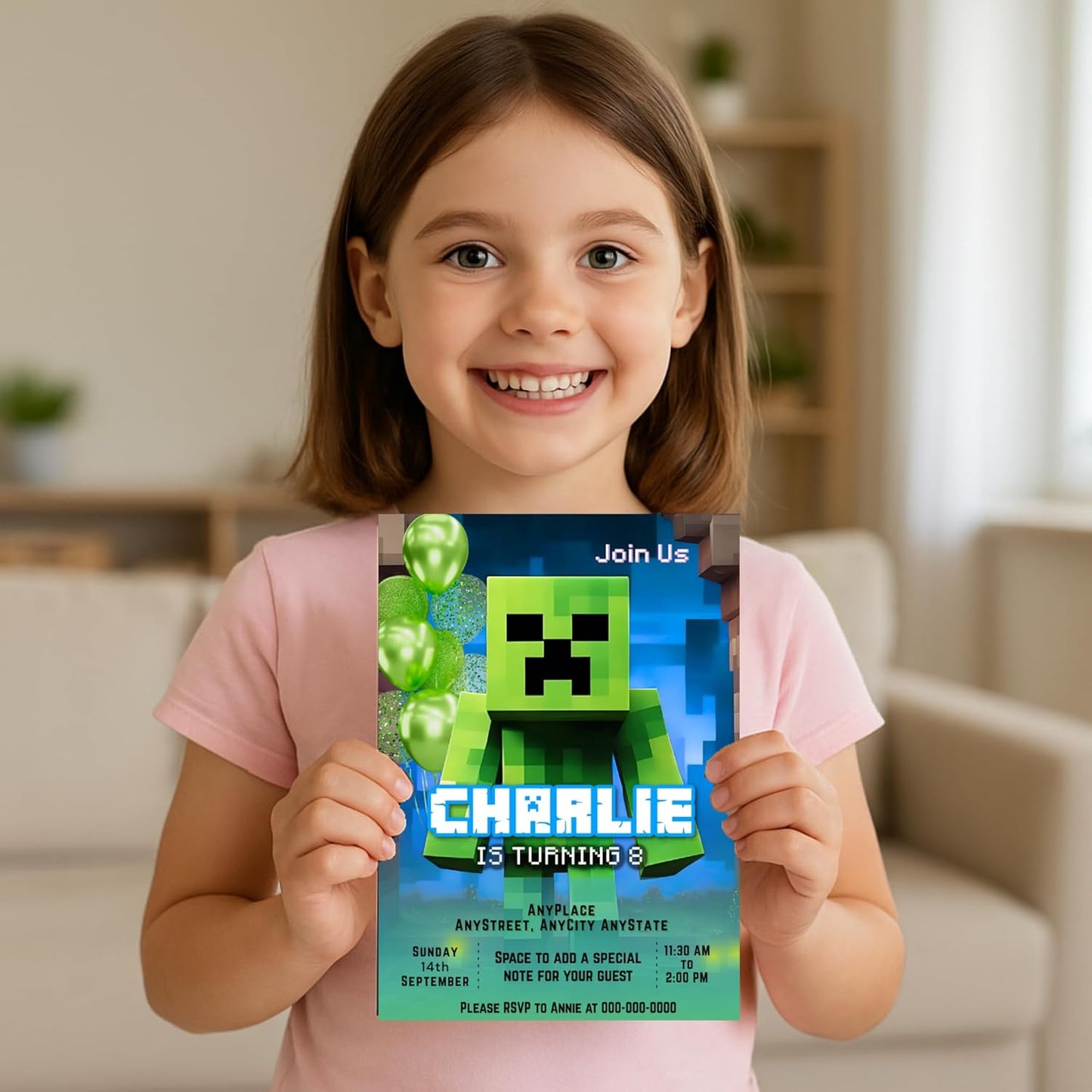 Fully Customizable minecraft Birthday Party Invitations, 4 x 6 inches, with Self-Sealing Envelopes, Gaming Theme Design, minecraft Birthday Invitations for Boys and Girls (Minecraft/CreeperBlue)