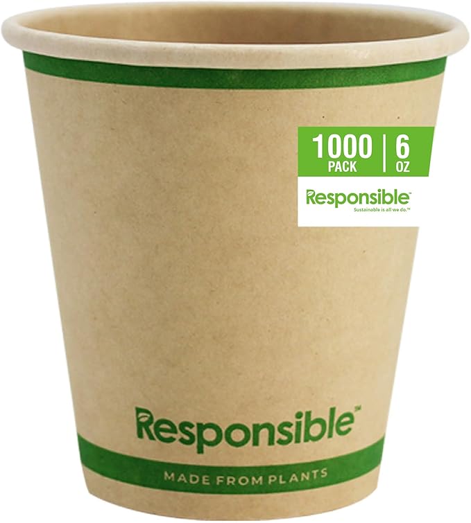Responsible Products 6 oz Paper Hot Cups, Tree-Less™ Compostable Paper Coffee Cups, Extra Strength, Tree-Free and Made Without PFAS, Natural Brown (1000 Count)