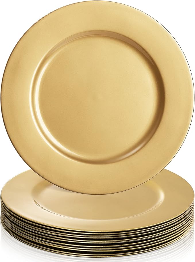 ZEAYEA 12 Pack Gold Charger Plates, 13 Inch Plastic Round Dinner Charger Plates for Wedding Party, Elegant Tabletop Decor