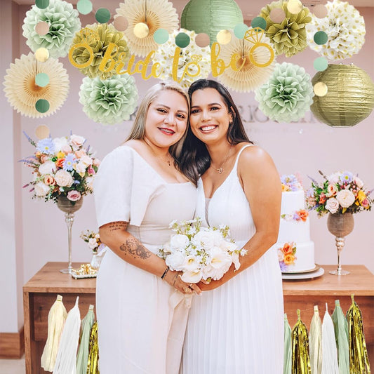Bridal Shower Decorations Sage Green and Gold Bachelorette Party Decorations Bride to Be Banner Gold Sage Green Paper Pom Poms Lanterns Fans Beige Kit with Beige White Tassel Garland for Wedding