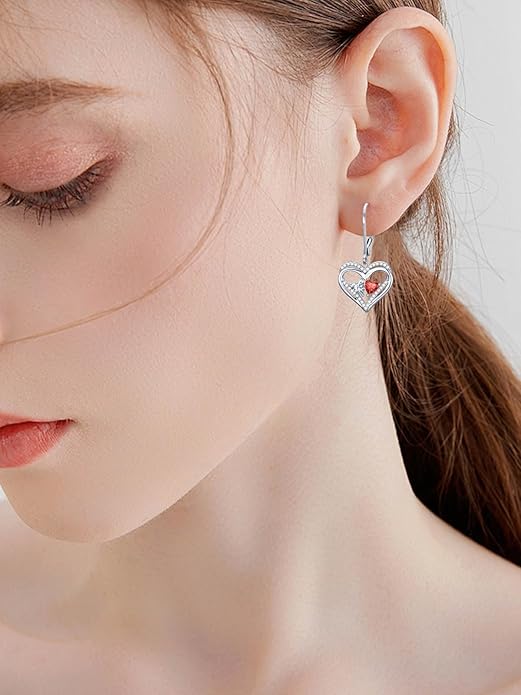 Valentines Day Gifts for Women, Heart Leverback Earrings Double Birthstone Dangle Earrings for Women, Love Jewelry for Her, Anniversary Birthday Gift for Mom Wife Girlfriend