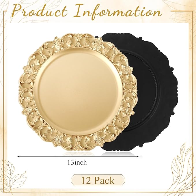 12 Pcs Vintage Gold Charger Plates Bulk 13 Inch Embossed Rim Plastic Round Decorative Plates Charger for Dinner Wedding Party Event Table Setting Decoration (Vintage)