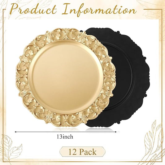 12 Pcs Vintage Gold Charger Plates Bulk 13 Inch Embossed Rim Plastic Round Decorative Plates Charger for Dinner Wedding Party Event Table Setting Decoration (Vintage)