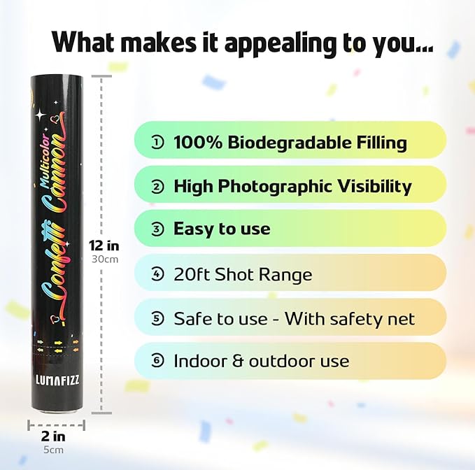 12 InchConfetti Biodegradable [6 Pack Confetti Cannons | Multicolor Confetti Poppers for Wedding Celebration, Birthday PartyChristmas Eve and New Year Celebration Give a Gift(black)