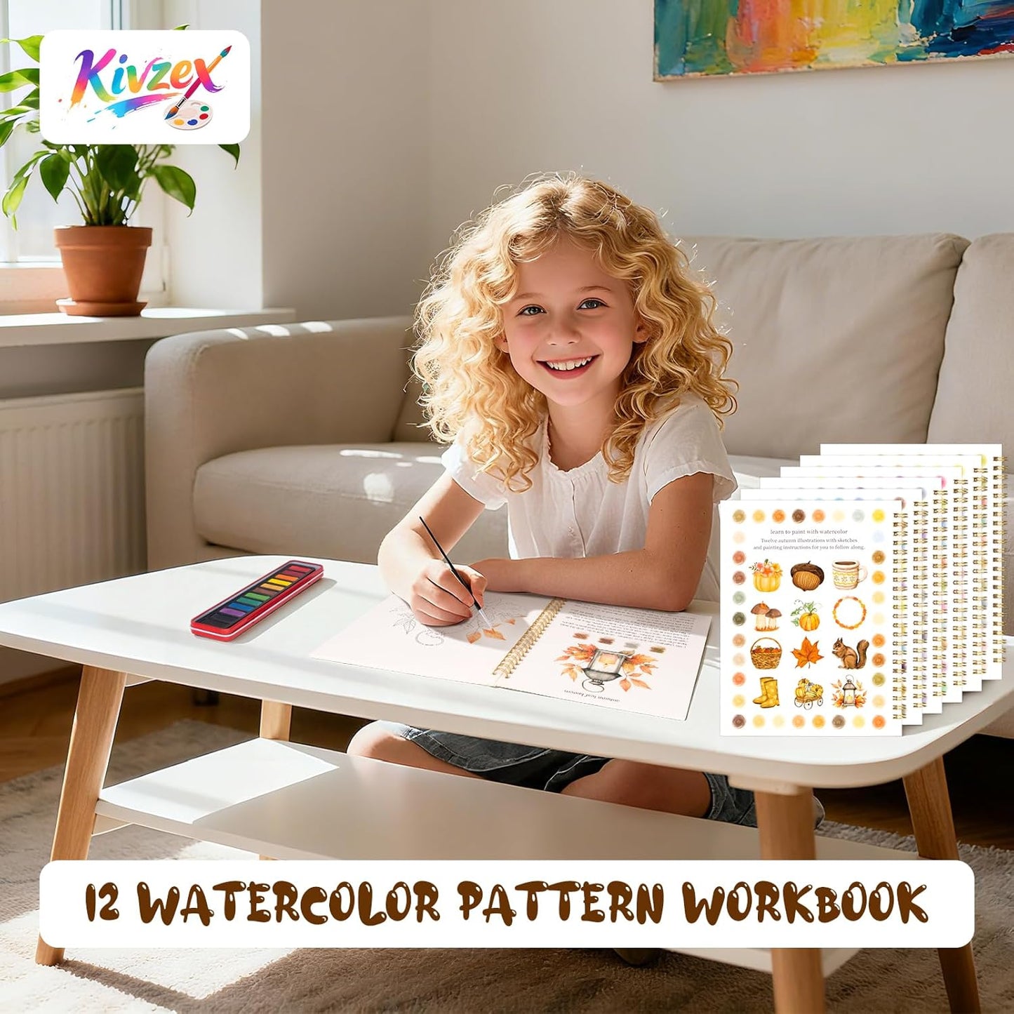 Kivzex Watercolor Workbook for Adults, Beginner Friendly Watercolor Painting Kit Autumn Water Coloring Book, Nature-Themed Practice Art Gift Water Color Paint Book with Palette and Brush