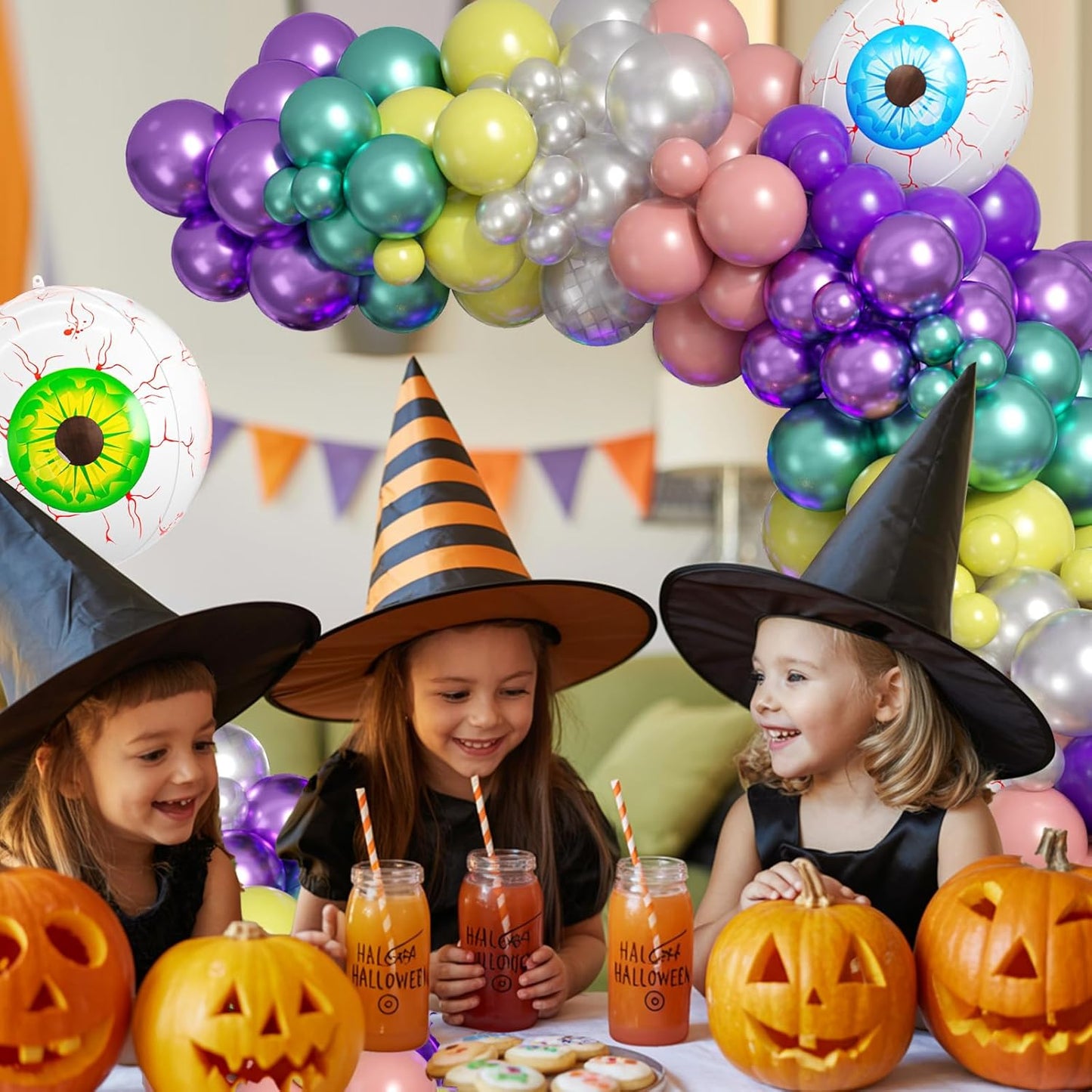 Halloween Balloon Arch Garland Kit, Pink Green Purple Balloons With Blue Green Eyeball Foil Balloons For Halloween Ghost Masquerade Spooky Vampire Scary Themed Birthday Party Decorations