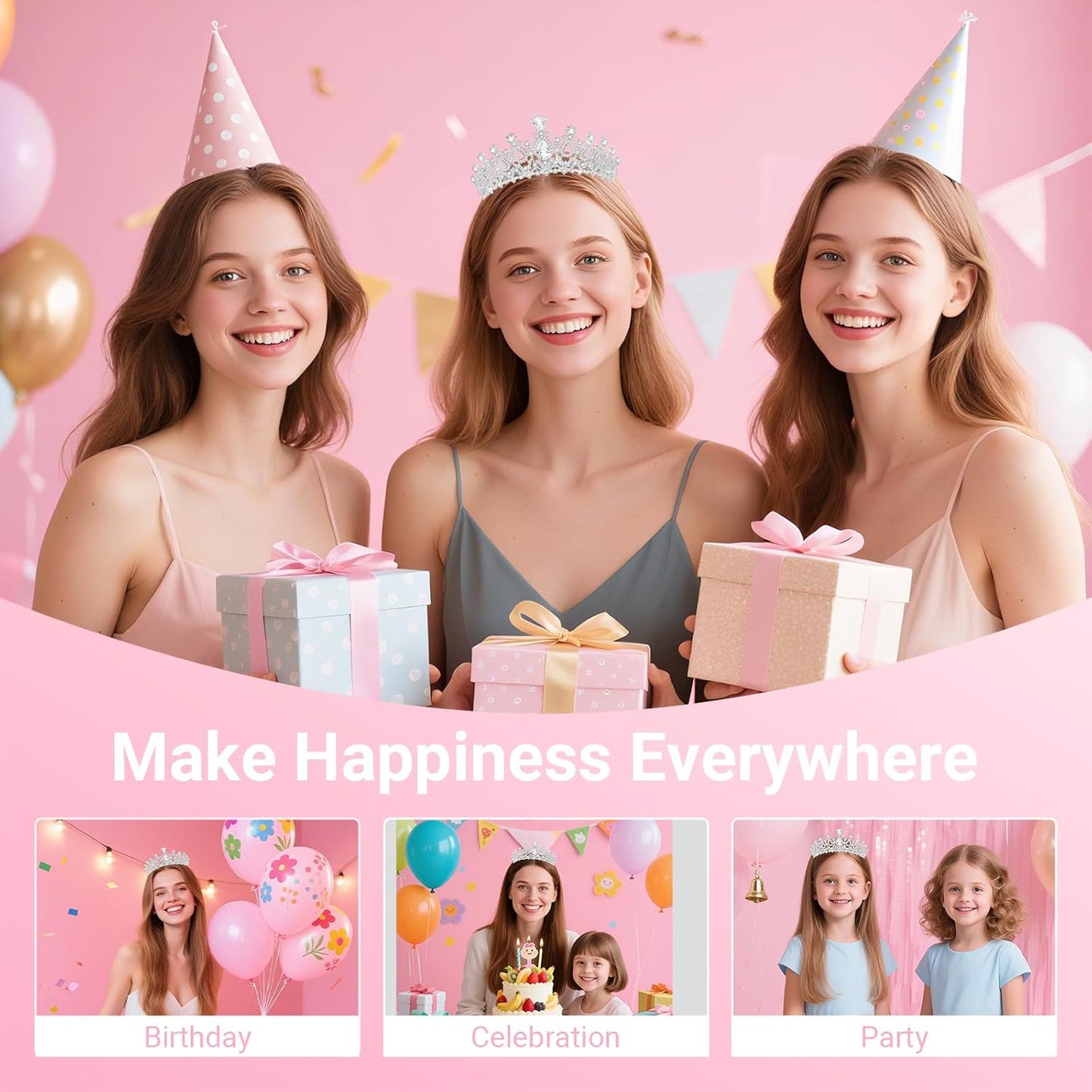 Birthday Tiara and Crown with Sash, Birthday Tiara for Women Party (Silver)