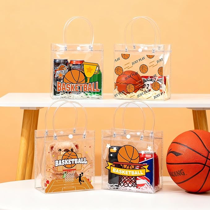 H1vojoxo Basketball Party Gift Bags - 24PCS Basketball Clear PVC Gift Bags with Handle Reusable Sports Goodie Bag for Boys Birthday Party Basketballs Tote Candy Bag Large Treat Ball Themed Party Favor