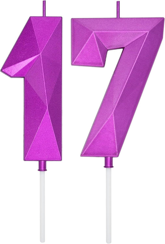 DERVENTA Large Birthday Candle Number 3D Purple 3.7 inch Party Celebration Anniversary Decoration Cake Topper 1 Piece (Number 17 Purple)