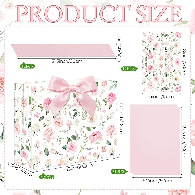 Maitys 12 Sets 13" Large Pink Floral Gift Bags Bulk with Handle, Tissue Papers, Ribbons and Greeting Cards Spring Floral Birthday Paper Bag for Women Wedding Easter Bridal Showers Party Favor Supplies
