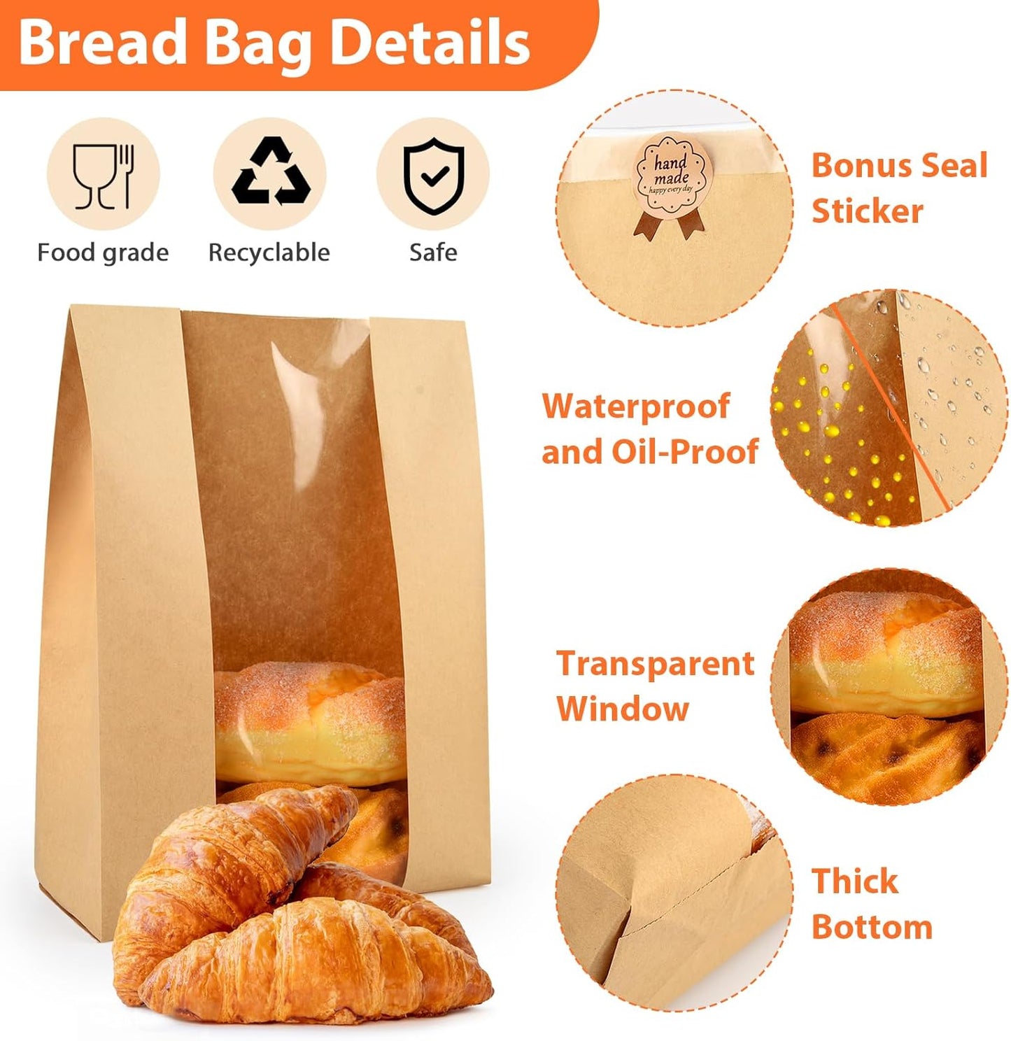 30 Pcs Bread Bags for Homemade, ROOKEA Sourdough Bread Bags with Window for Baked Paper Packaging with Sealing Stickers Bakery Cookie Food Snack Storage Large Kraft Paper 13.7x8.2x3.5 inch
