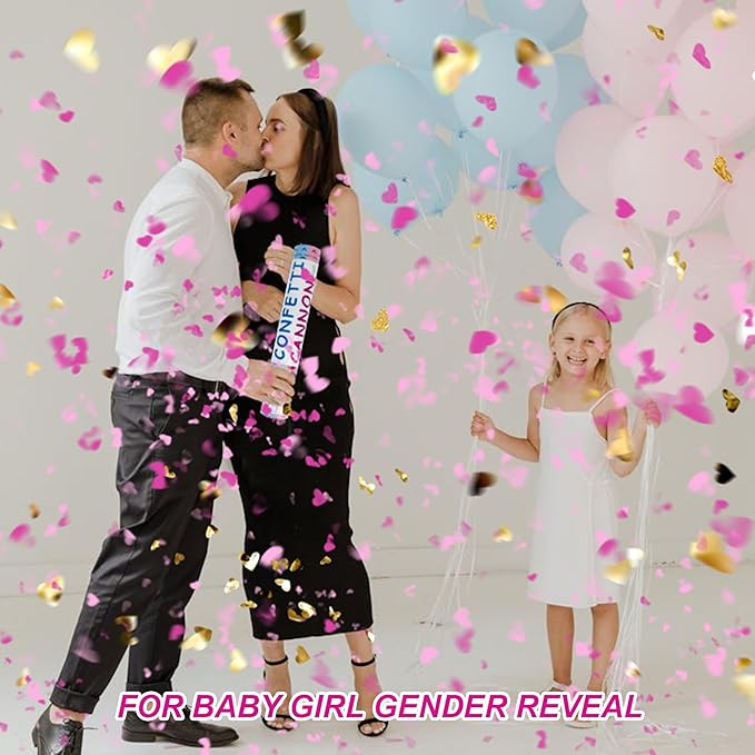 2 Pack Gender Reveal Confetti Cannon, 12 in Pink Round shaped Paper Party Poppers Cannons, Confetti Poppers For Baby Girl Gender Reveal Baby Showers (Heart, Pink)